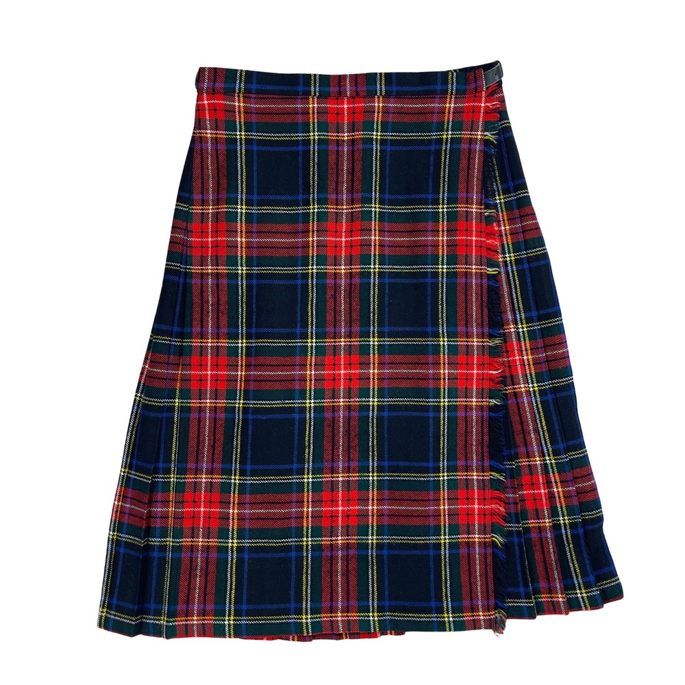 Women Vtg Tartan Plaid Kilt Skirt Pure Wool Fringe Pleated Dark Academia Indie
